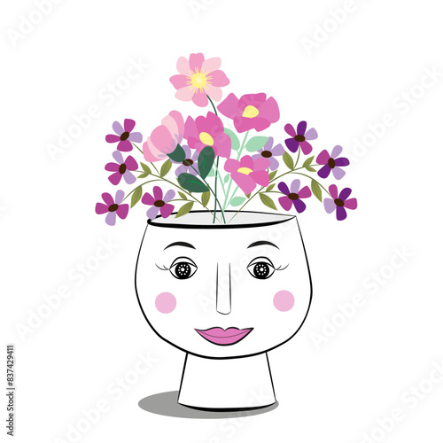 Florero con cara de mujer y ramo de flores en tonos pastel.