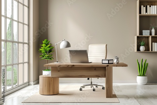 Modern minimalist home office interior with stylish wooden furniture © Boraryn