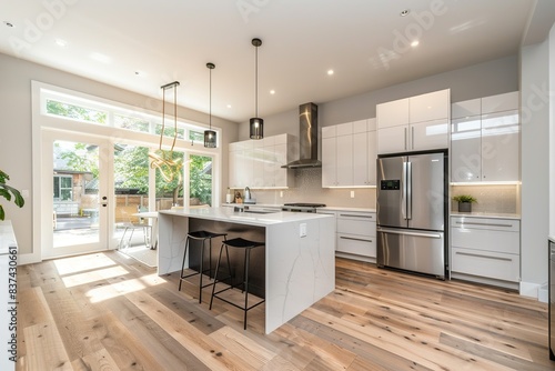 Modern minimalist kitchen with white cabinets and wooden floor in a new home