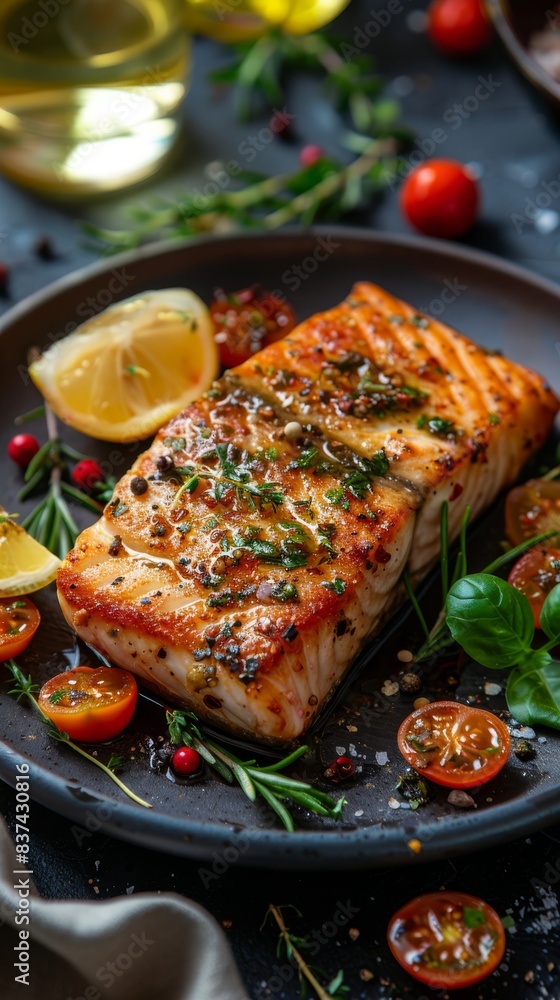 Grilled Salmon with Fresh Herbs. Grilled salmon fillet garnished with fresh herbs, cherry tomatoes, and lemon slices, served on a black plate. Grilled Salmon with Fresh Herbs. Grilled salmon fillet garnished with fresh herbs, cherry tomatoes, and lemon slices, served on a black plate.