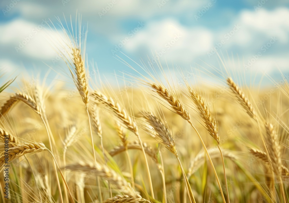 A closeup of golden wheat ears swaying in the wind, set against an expansive field with blue sky and white clouds. A closeup of golden wheat ears swaying in the wind, set against an expansive field with blue sky and white clouds.