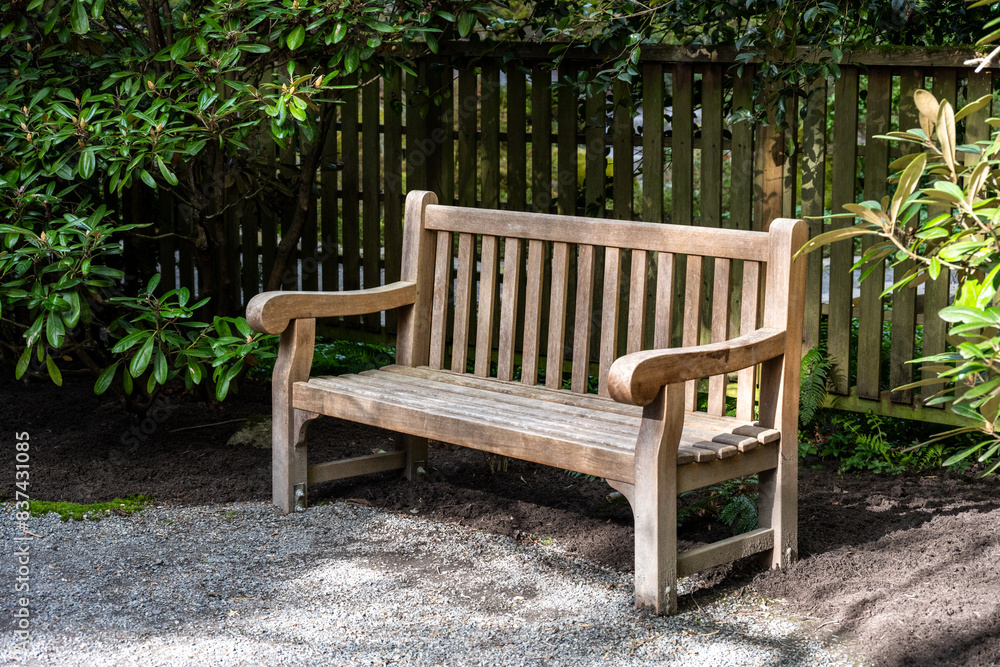 Classic wood seat bench with backrest outside in a woodland garden, peaceful place for rest and contemplation
