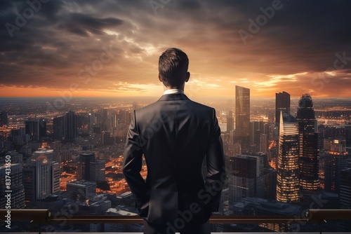 Businessman in a suit overlooking a cityscape