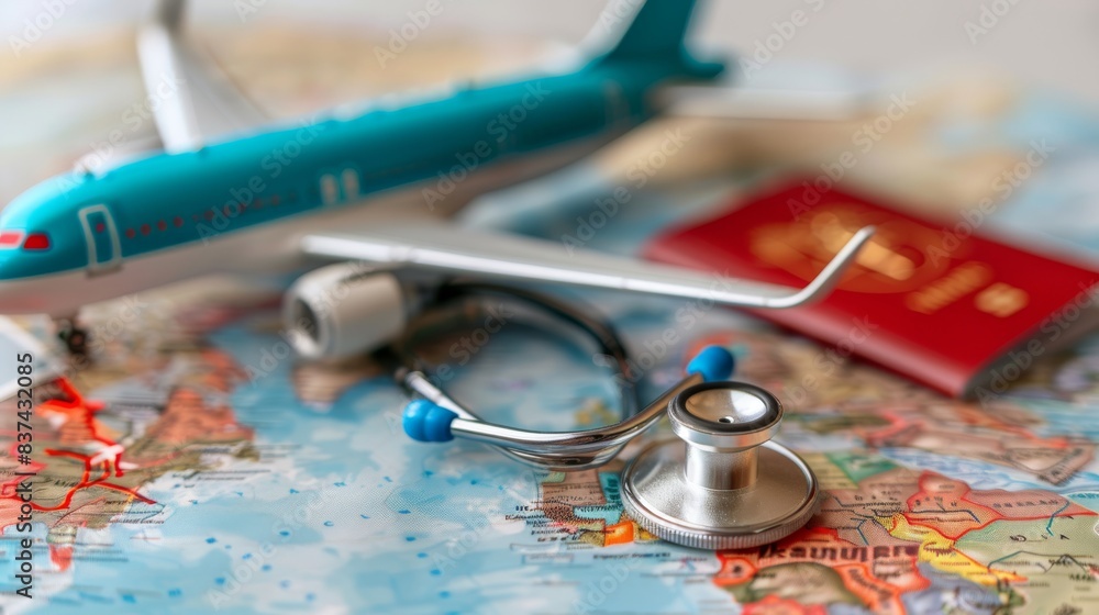 Toy airplane, stethoscope, and passport on a world map. Studio still life photography. Travel, medical tourism concept.