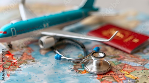 Obraz na płótnie Toy airplane, stethoscope, and passport on a world map. Studio still life photography. Travel, medical tourism concept. w salonie