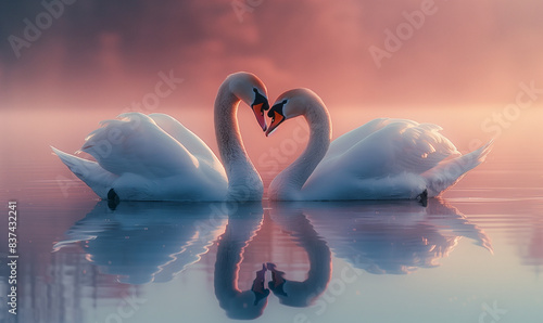 Fototapeta Naklejka Na Ścianę i Meble -  Two graceful white swans with blue beaks swim peacefully on a lake
