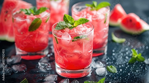 Wallpaper Mural Refreshing watermelon cocktails garnished with mint leaves on a dark textured background with scattered ice cubes and watermelon slices. Torontodigital.ca