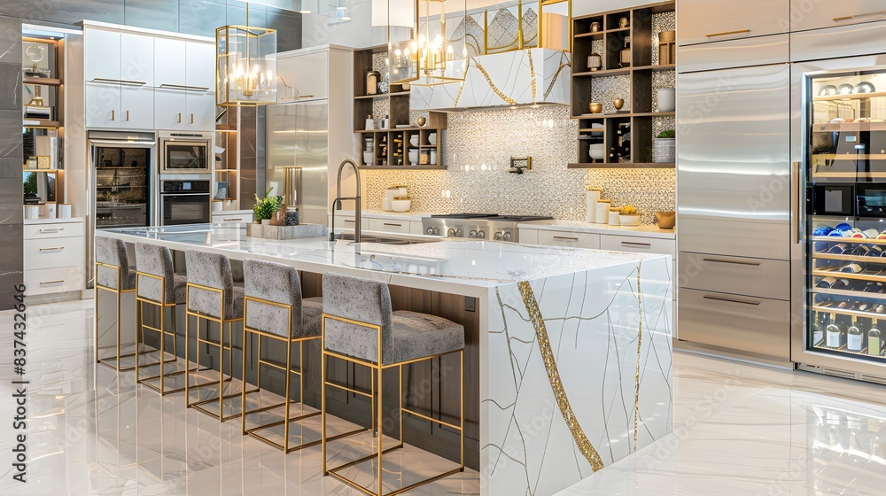 Elegant Modern Kitchen with Marble Island and Gold Accents Elegant Modern Kitchen with Marble Island and Gold Accents