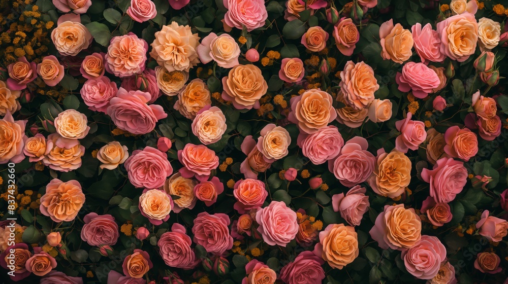 Close-up of beautifully arranged pink and peach roses in full bloom creating a lush floral background Close-up of beautifully arranged pink and peach roses in full bloom creating a lush floral background