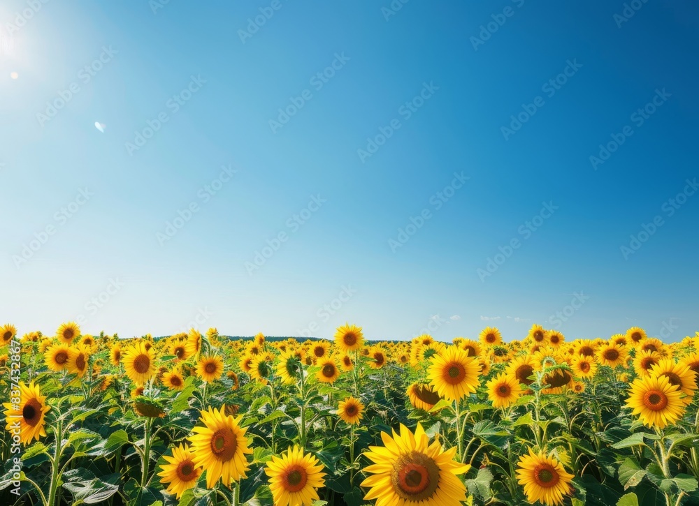 Obraz premium A field of sunflowers under the clear blue sky, creating an inviting and vibrant scene with bright yellow petals against a deep azure background.