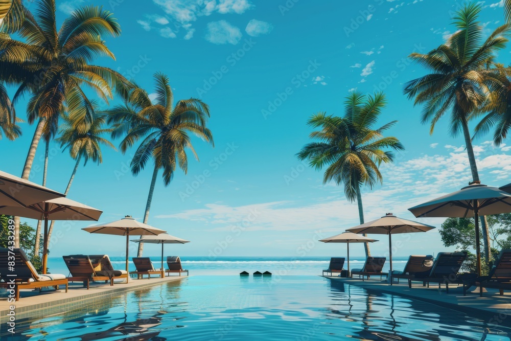 Swimming pool with palm trees and chairs by the ocean