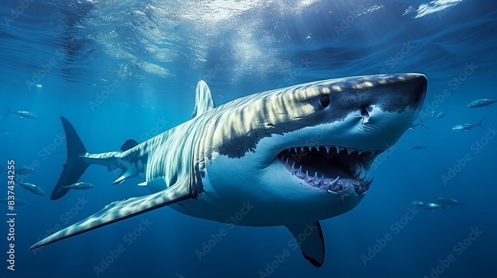 Fototapeta premium Great white shark swimming in the deep blue ocean, showcasing its sharp teeth and powerful presence underwater.