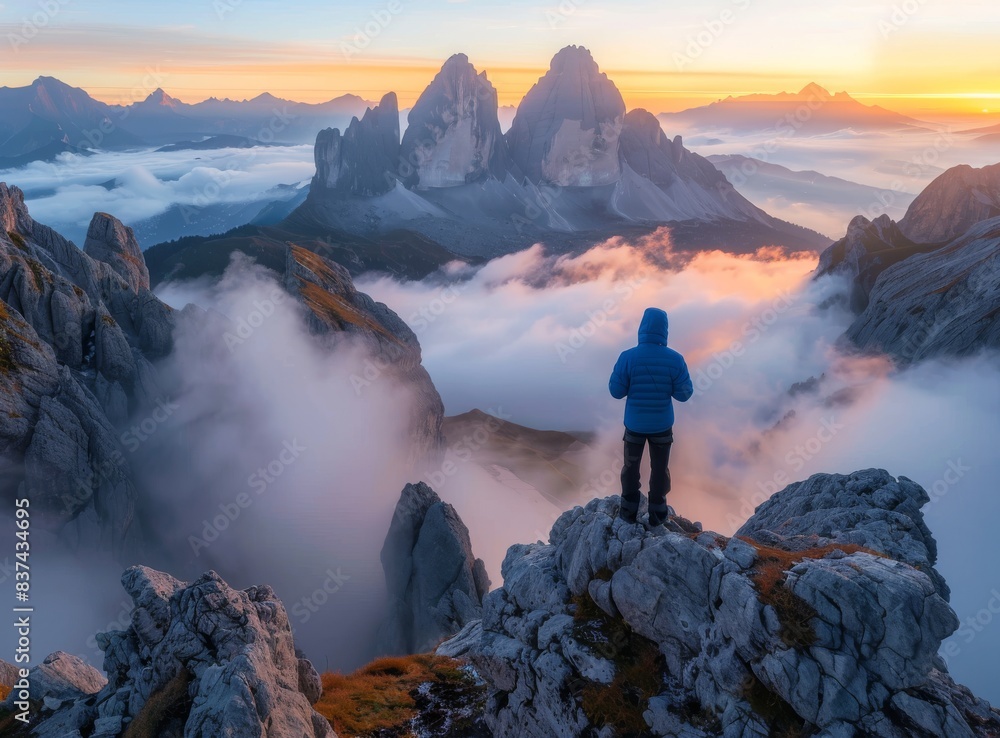 A hiker stood at the top of a mountain, enjoying the beautiful view of a colorful sunrise over an autumn landscape of foggy mountains and valleys below. A hiker stood at the top of a mountain, enjoying the beautiful view of a colorful sunrise over an autumn landscape of foggy mountains and valleys below.