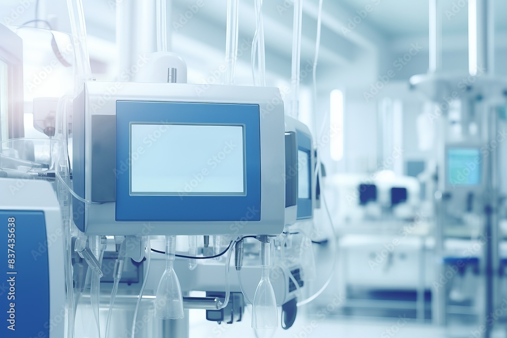 Modern medical equipment with digital screens in a bright, sterile hospital setting, showcasing advanced technology for healthcare. Modern medical equipment with digital screens in a bright, sterile hospital setting, showcasing advanced technology for healthcare.