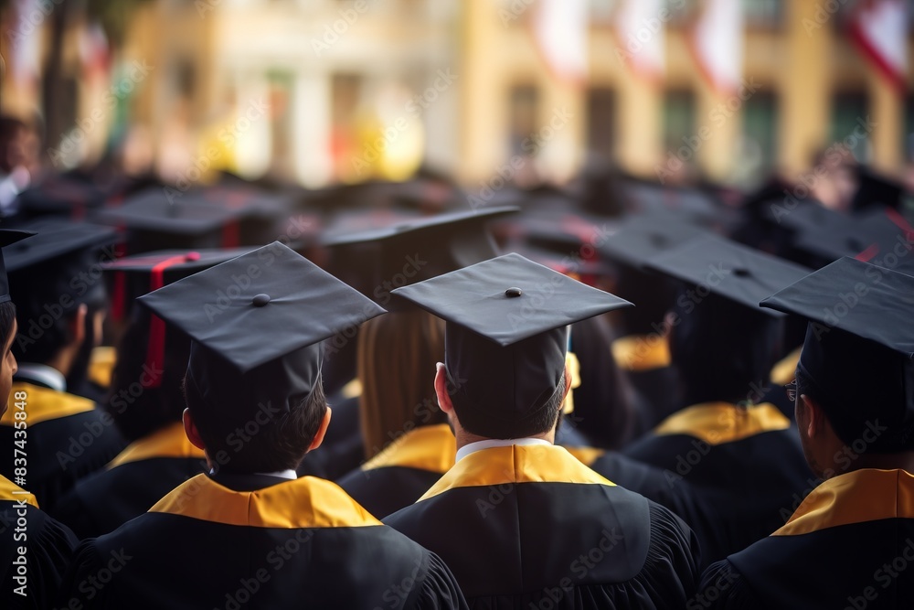 Rear view of graduates in cap and gown during a graduation ceremony, celebrating academic achievement and future opportunities. Rear view of graduates in cap and gown during a graduation ceremony, celebrating academic achievement and future opportunities.