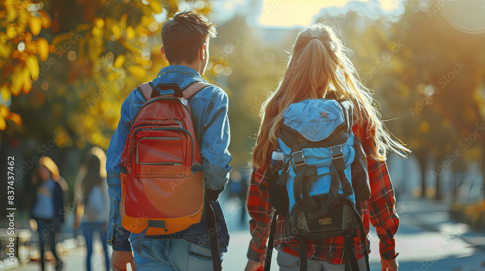 Fototapeta premium Group of Students Walking to School in Autumn