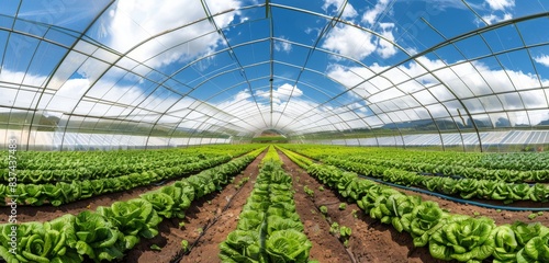 A panoramic view of large greenhouses with rows and tables full of lettuce growing in the fields, in the style of panoramic photography photo