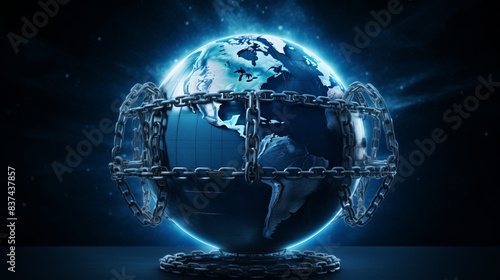 A digitally enhanced image of Earth wrapped in chains, symbolizing global constraints or data security, displayed on a dark background.