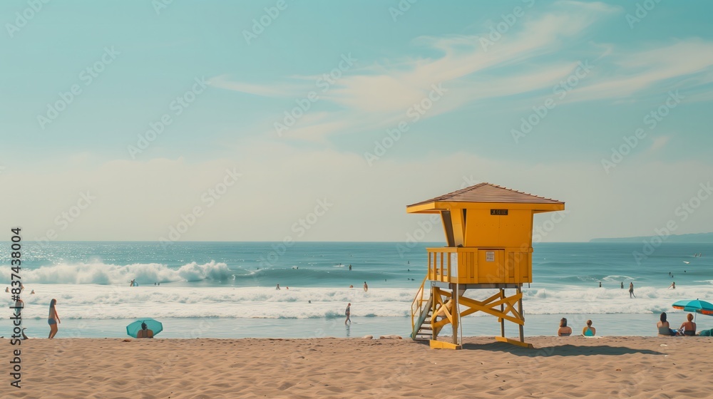 Yellow Lifeguard Post Tower on Beach, Safety During Summer Season, Sunny Day With Copy Space Yellow Lifeguard Post Tower on Beach, Safety During Summer Season, Sunny Day With Copy Space