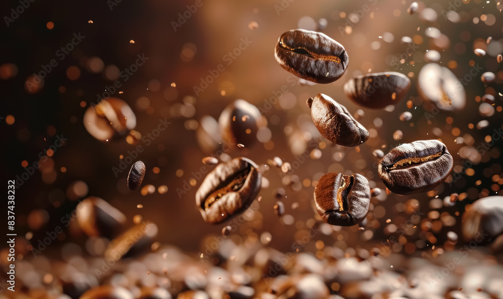 Dynamic Roasted Coffee Beans Falling with a Warm Backlit Glow Dynamic Roasted Coffee Beans Falling with a Warm Backlit Glow