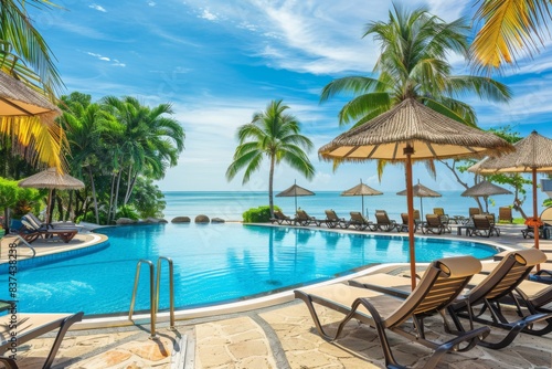 The swimming pool is spacious with chairs and umbrellas for relaxation