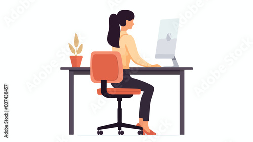 Woman with hunched back sitting at computer desk. P