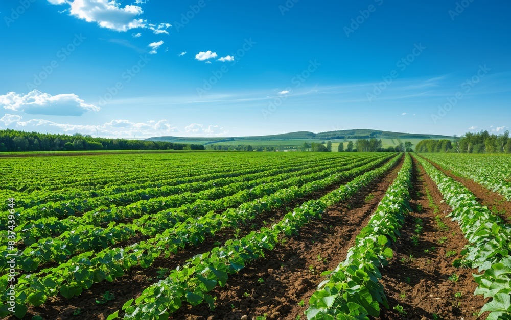 A wide view of an expansive potato field under the bright sun, with rows upon rows neatly lined up with vibrant green potatoes, captured in crisp detail against a clear blue sky.