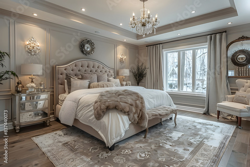 Glamorous beige and light grey bedroom with king-sized bed  tufted velvet headboard  bedside tables  crystal lamps  luxurious chandelier  plush area rug  vanity with a large mirror  velvet curtains.