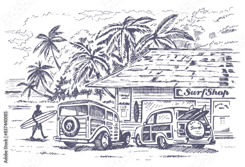 Hand drawn illustration of coastal landscape with surf shop. Art in a laid-back style for prints on t-shirts, decoration, etc.