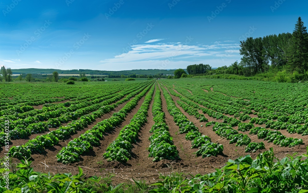 A wide view of an expansive potato field under the bright sun, with rows upon rows neatly lined up with vibrant green potatoes, captured in crisp detail against a clear blue sky. A wide view of an expansive potato field under the bright sun, with rows upon rows neatly lined up with vibrant green potatoes, captured in crisp detail against a clear blue sky.