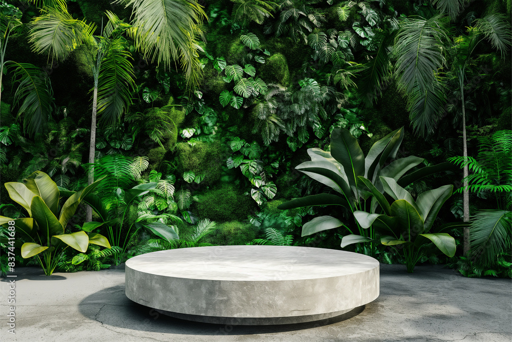 Green podium in tropical forest for product presentation and green wall Green podium in tropical forest for product presentation and green wall