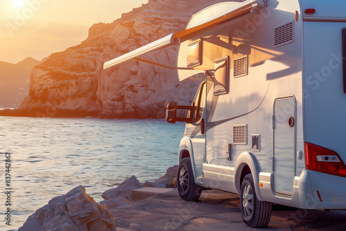 Camper Van Parked by Rocky Coastal Cliffs at Sunset