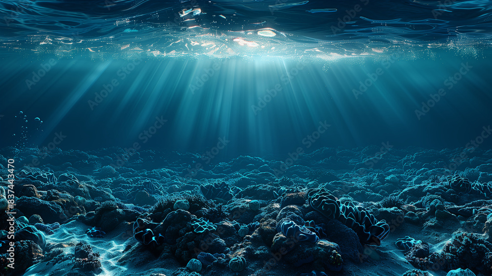 Obraz premium Sunlit bubbles drift in a clear blue ocean, revealing a colorful underwater world