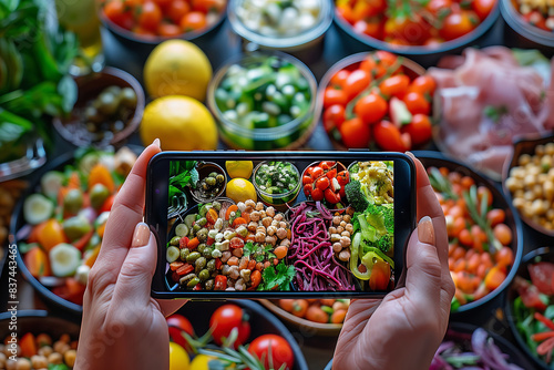 A close-up image of hands holding a smartphone, capturing an overhead shot of a colorful array of fresh vegetables. The scene features an assortment of vegetables in metal bowls.