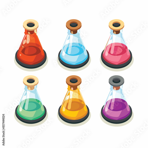 Collection six colorful potion bottles, containing different vibrant liquid. Isometric design glass flasks, corked wooden stoppers, use games illustrations. Cartoonstyle potions isolated white