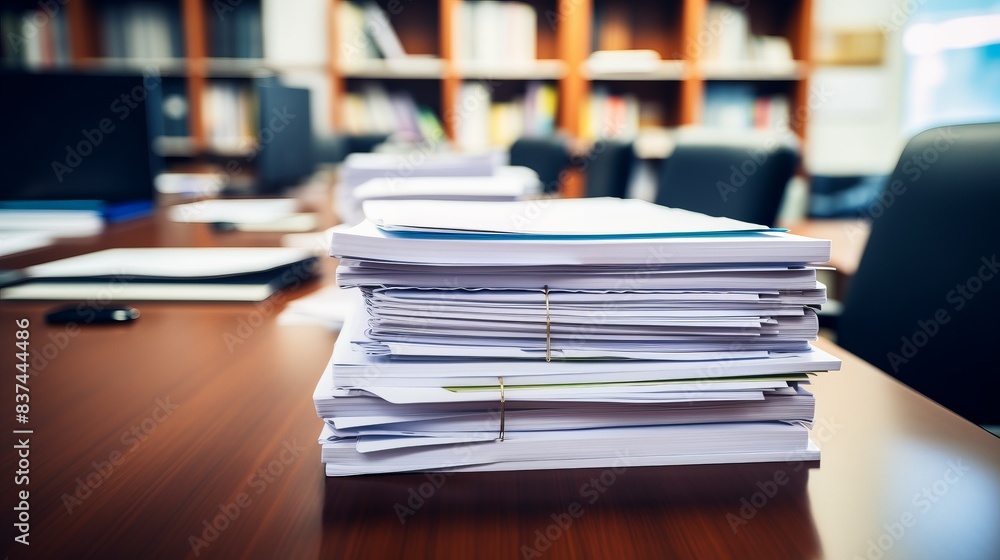 Stacks of documents and paperwork on a desk in an office setting, emphasizing organization and productivity in a professional work environment. Stacks of documents and paperwork on a desk in an office setting, emphasizing organization and productivity in a professional work environment.