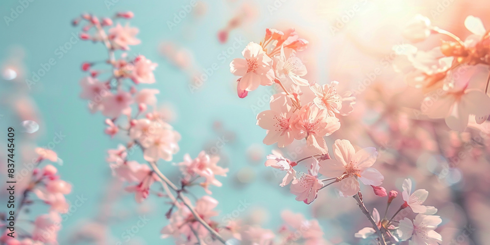 Beautiful spring background with blooming cherry blossoms and sun rays Beautiful spring background with blooming cherry blossoms and sun rays