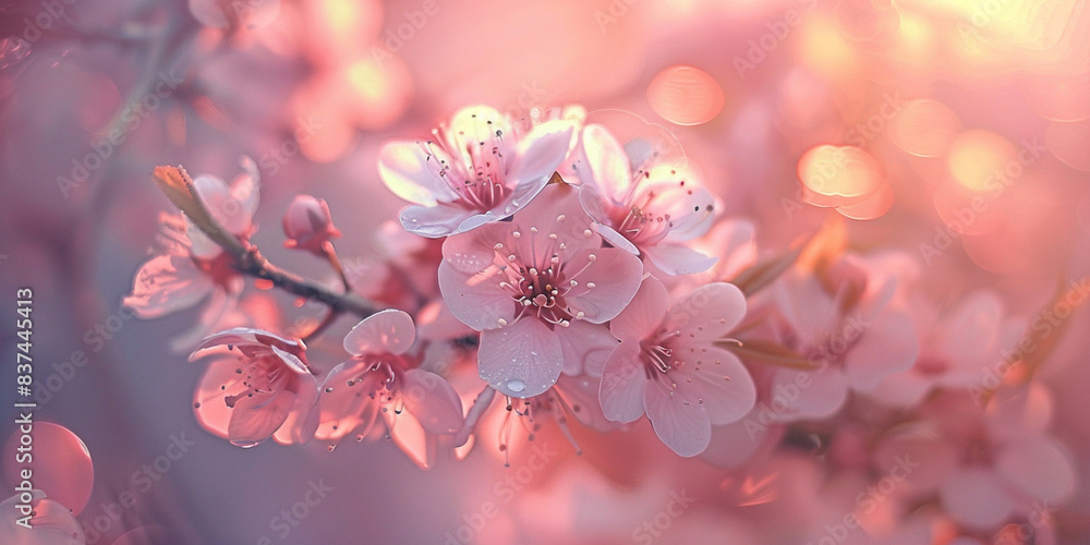 Beautiful spring background with blooming cherry blossoms and sun rays Beautiful spring background with blooming cherry blossoms and sun rays