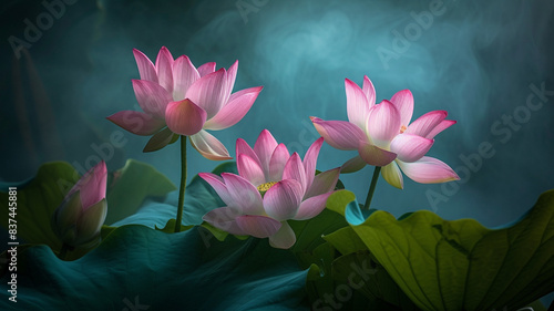 Radiant lotus blossoms, a ballet of beauty against the mysterious canvas of a shadowy backdrop photo