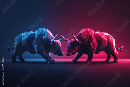 Abstract representation of a bullish versus bearish market concept with two glowing polygonal bulls in red and blue facing each other in a dramatic standoff.