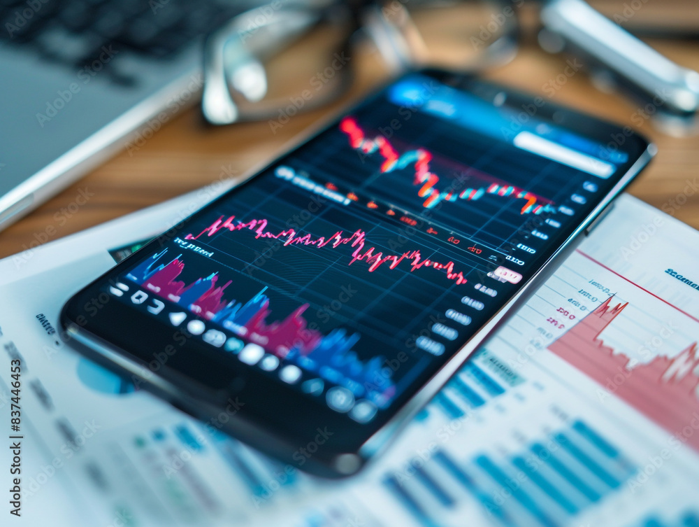 A phone is lying on a table with a stock market graph on the screen. The graph shows a stock trend, indicating a potential loss and profit for investors.
A phone is lying on a table with a stock market graph on the screen. The graph shows a stock trend, indicating a potential loss and profit for investors.