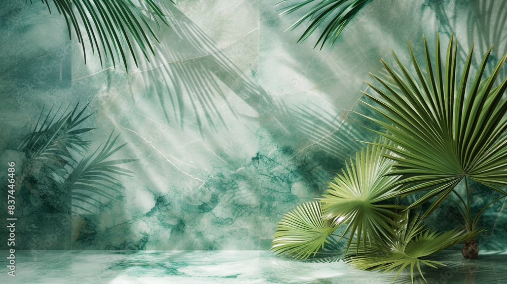 Naklejka premium Serene and elegant, a marble mosaic unfolds with a mesmerizing palm leaves green pattern, creating a modern artistic statement.