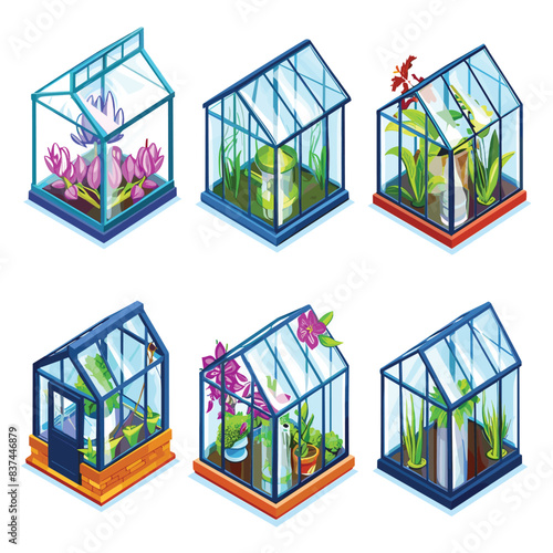 Six different styles colorful isometric greenhouses various plants. Graphic illustrates greenhouses featuring flowers, foliage, botanical arrangements. Illustration suitable gardening, horticulture
