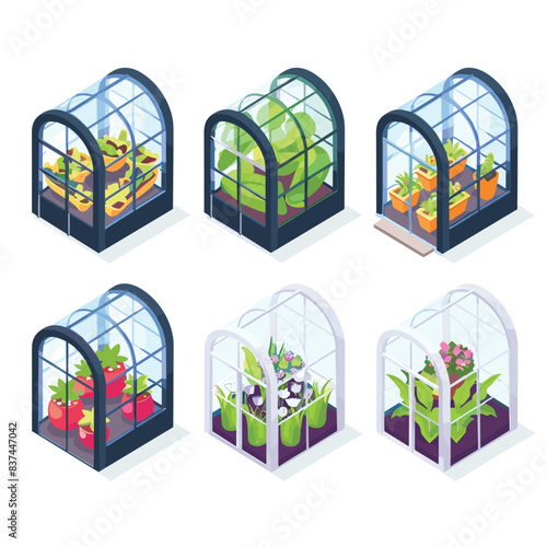 Isometric greenhouses various plants, vegetables, flowers. Illustrations depicting agriculture, horticulture, sustainable farming practices. Plants appear be healthy wellmaintained, suggesting