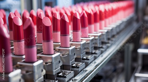 Close-up of a lipstick production line in a cosmetic factory, showcasing meticulous manufacturing and vibrant color precision. © GenBy