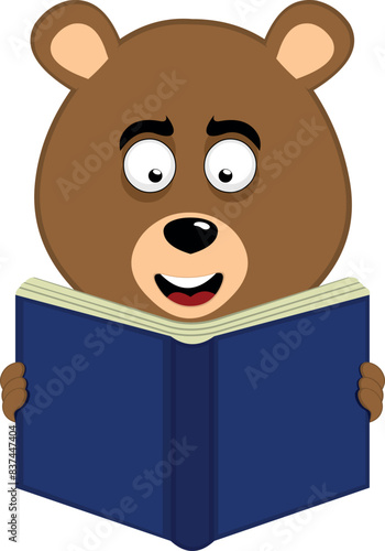 vector illustration face brown bear grizzly cartoon, holding, reading and studying book