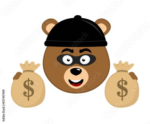 vector illustration face brown bear grizzly cartoon, with a thief hat and mask, holding bags of money with his hands