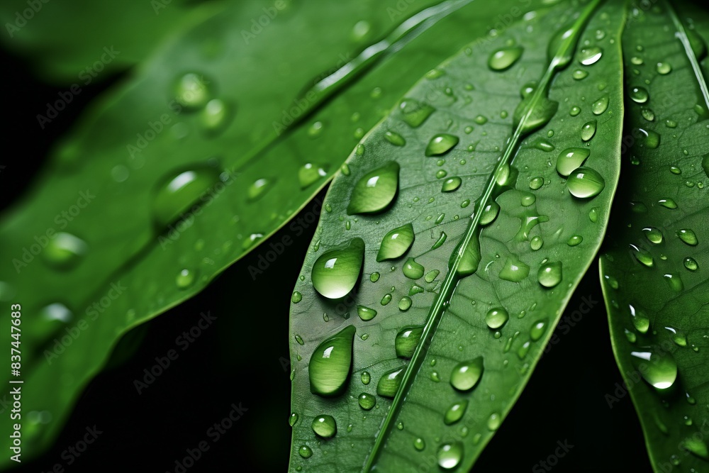 Close-up of fresh green leaves with water droplets, showcasing the beauty of nature and morning dew. Close-up of fresh green leaves with water droplets, showcasing the beauty of nature and morning dew.