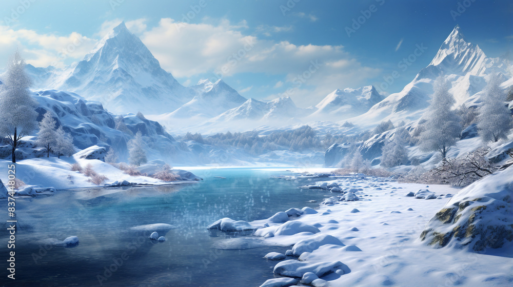 A vast, snow-covered landscape with mountains in the background. The sky is clear and blue, and the sun is shining brightly. A vast, snow-covered landscape with mountains in the background. The sky is clear and blue, and the sun is shining brightly.