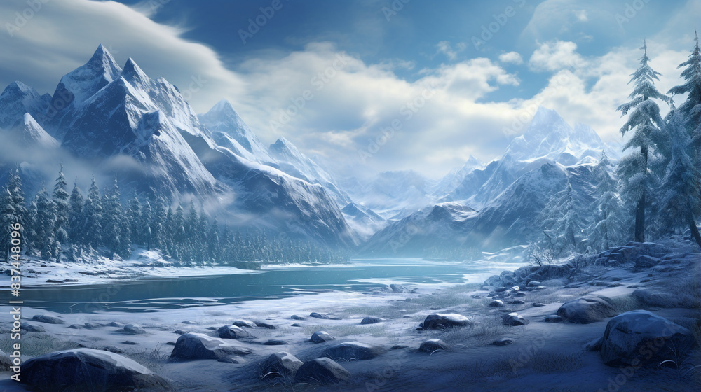 custom made wallpaper toronto digitalA vast, snow-covered landscape with mountains in the background. The sky is clear and blue, and the sun is shining brightly.
